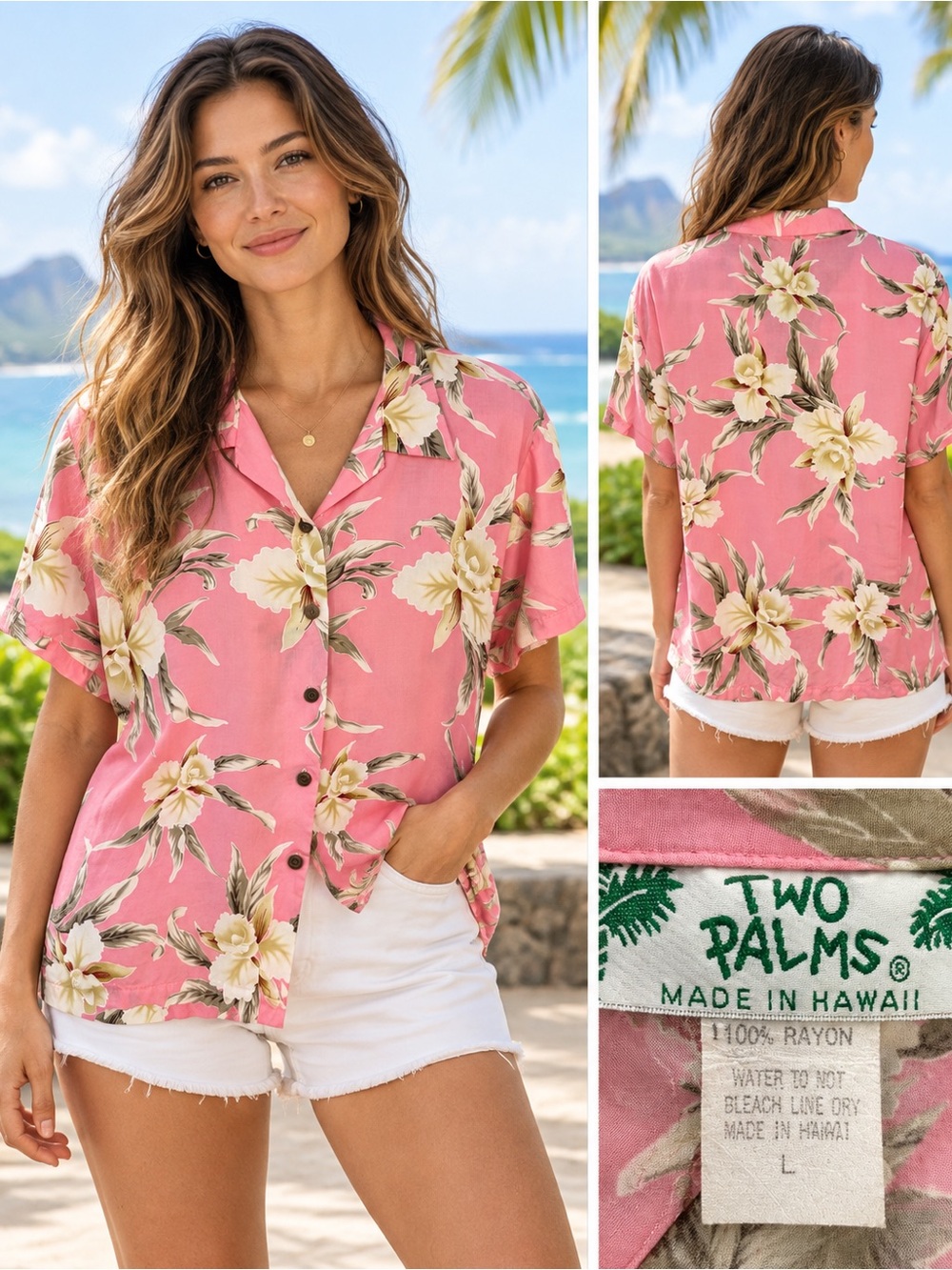 Two Palms Pink Hawaiian Aloha Floral Orchid Shirt Size L Resort wear Tropical